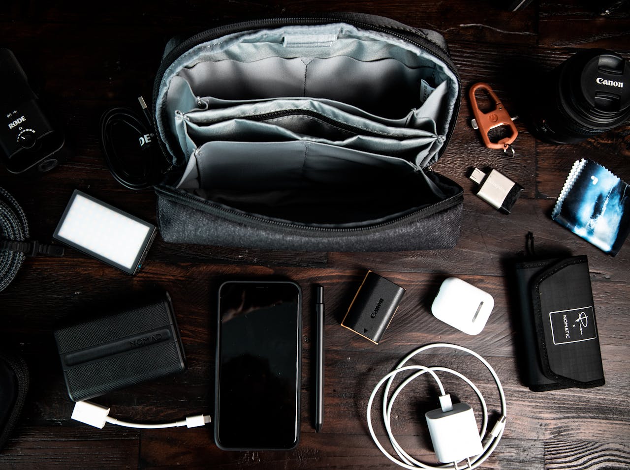 Travel tech essentials organized inside carry-on bag